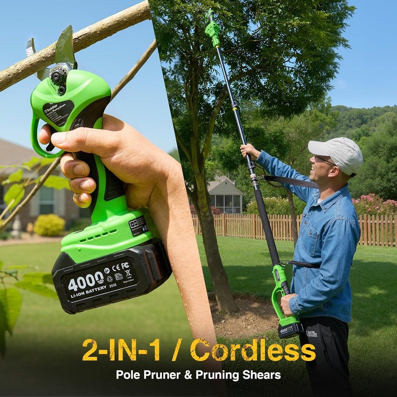 TaskStar Cordless Electric Pruning Shears: 2-in-1 9ft Pole Pruner 1.2" Cutting Diameter - 2 Pcs 4.0Ah Batteries, Extra SK5 Blade, 3 Cutting Modes 20V Brushless Power Tree Pruner for Branch & Gardening - Image 2